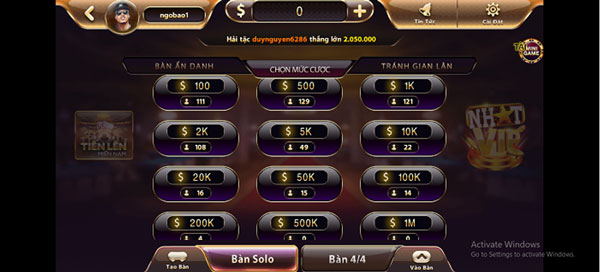 nhiều mức cược trong game bài truyền thống