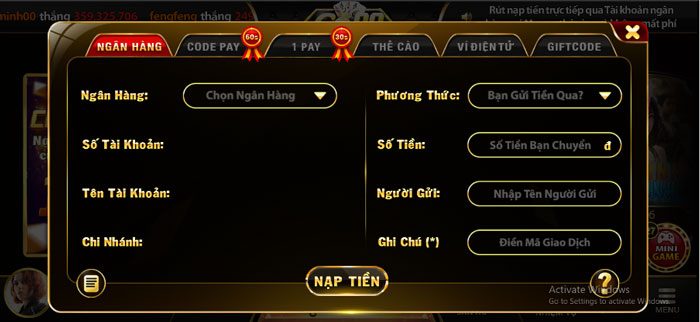 Nạp tiền Go88 bằng tài khoản ngân hàng