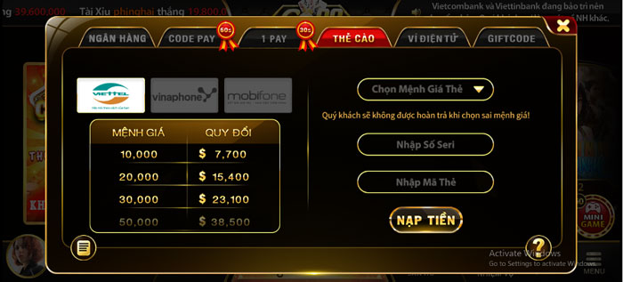 Nạp tiền Go88 qua thẻ cào tỷ lệ 1 :1