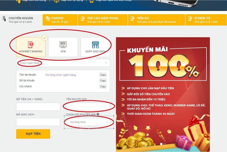 Hướng dẫn nạp tiền vào Five88