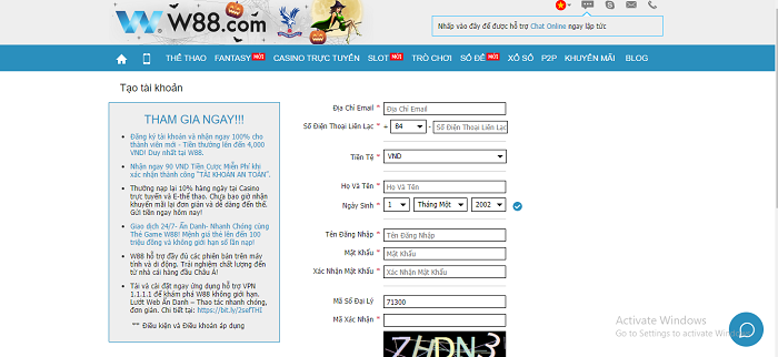 Đăng ký tài khoản W88