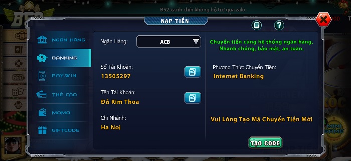 Hướng Dẫn Rút Nạp Tiền B52