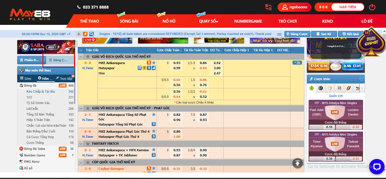 Giao diện cá độ thể thao tại May88