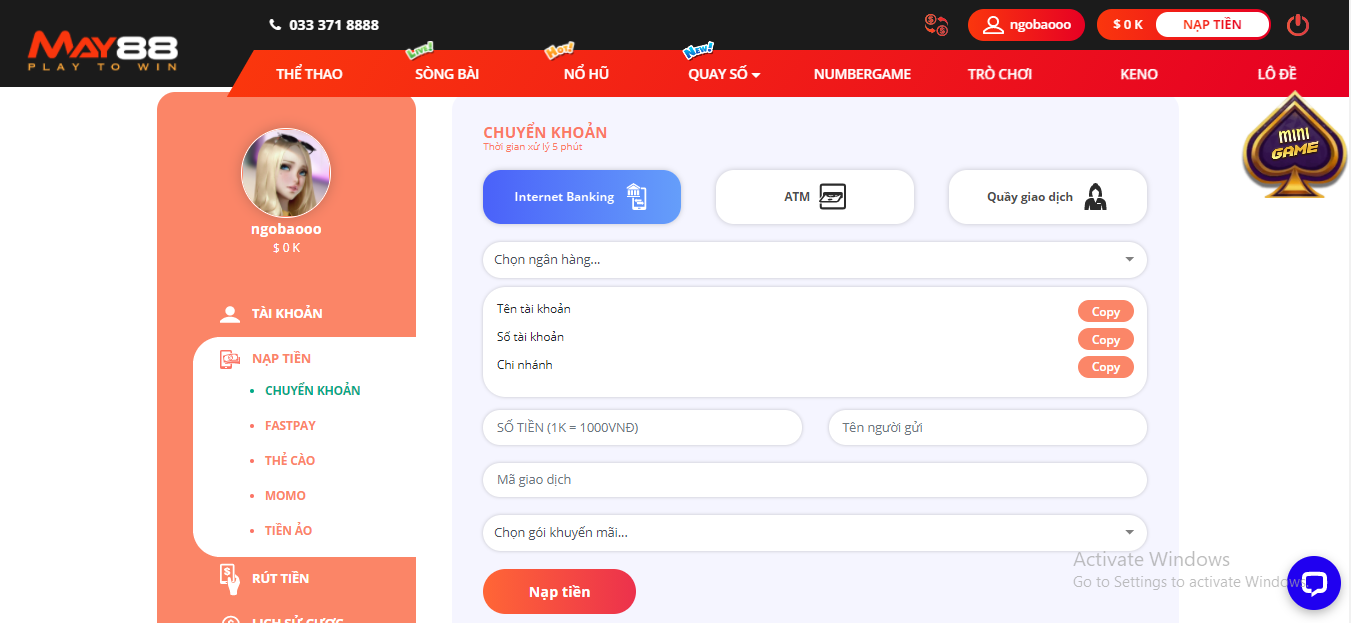 Cách nạp tiền vào May88