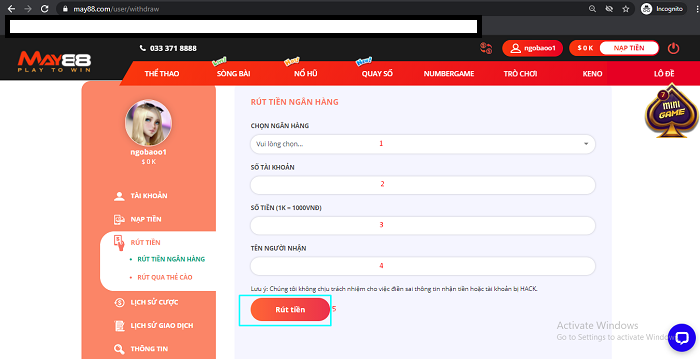 Cách rút tiền tại nhà cái May88 uy tín