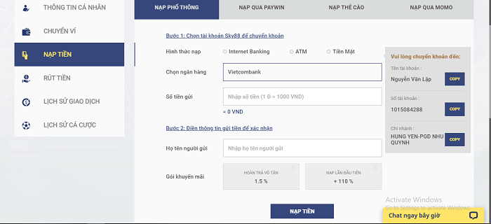 Cách nạp tiền vào Sky88