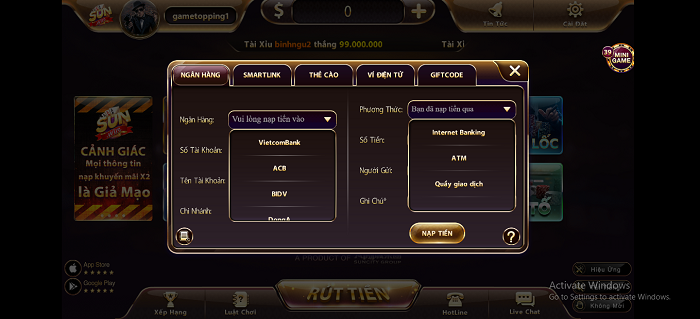 Đa dạng phương tiện thanh toán, hỗ trợ người chơi 24/7 ở Sunwin