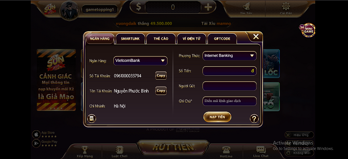 Nạp tiền bằng thẻ ngân hàng trên Sunwin