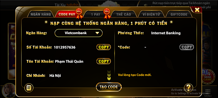 Hướng dẫn nạp tiền vào Yo88