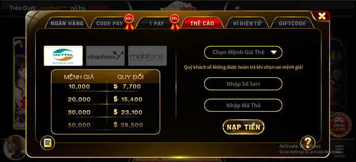 Nạp tiền bằng thẻ cào điện thoại Yo88