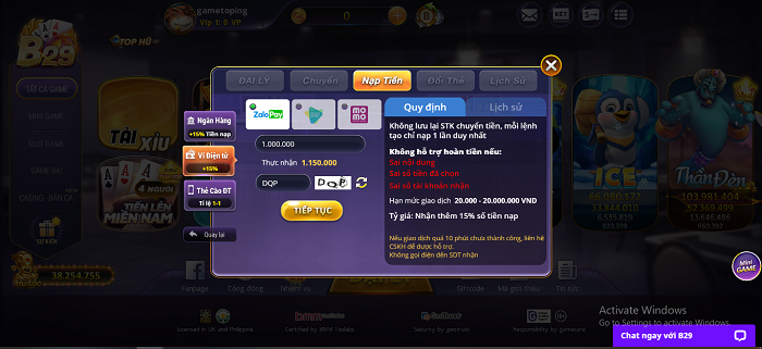 Hướng dẫn nạp rút tiền B29 Club