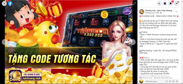 Tặng code Choáng Club tương tác - nhận giftcode chơi game cả tuần miễn phí