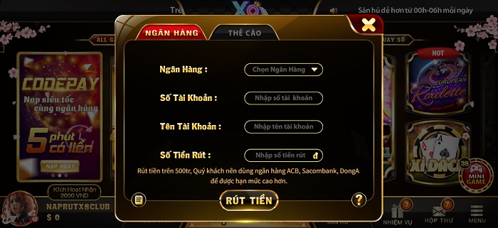 Hướng Dẫn Rút Nạp Tiền x8 club