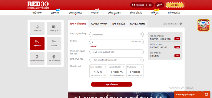 Các phương thức nạp tiền ở Red88