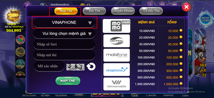 Hướng dẫn nạp tiền vào Socvip bằng thẻ cào điện thoại