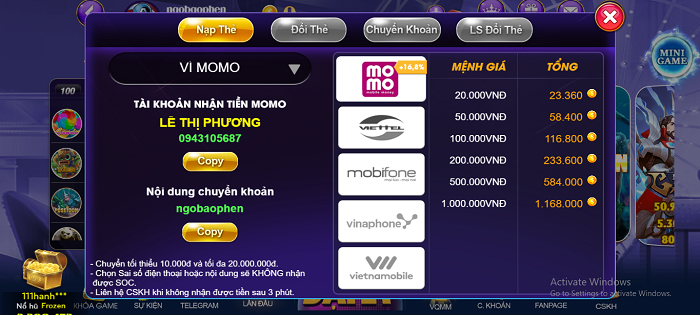 Nạp tiền cổng bài Socvip bằng Momo