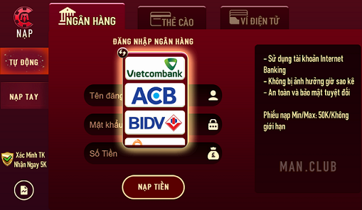 Nạp Tiền Manclub Qua Ngân Hàng
