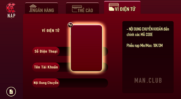 Nạp Tiền Vào Manclub Qua Ví Điện Tử