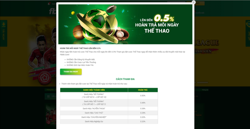 Hoàn trả mỗi ngày thể thao lên đến 0.5% f88