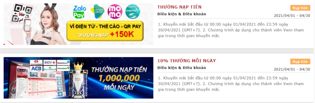 Tặng 10% Nạp Ví Điện Tử và Nạp Mỗi Ngày Tại VWin