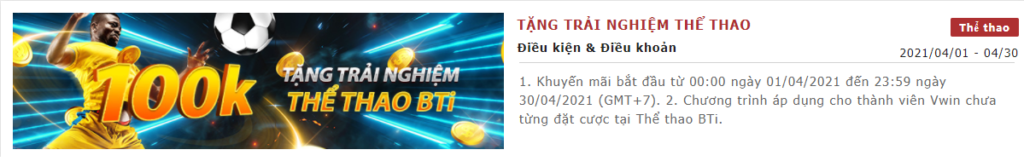 Tặng Trải Nghiệm 100k Thể Thao BTi Vwin