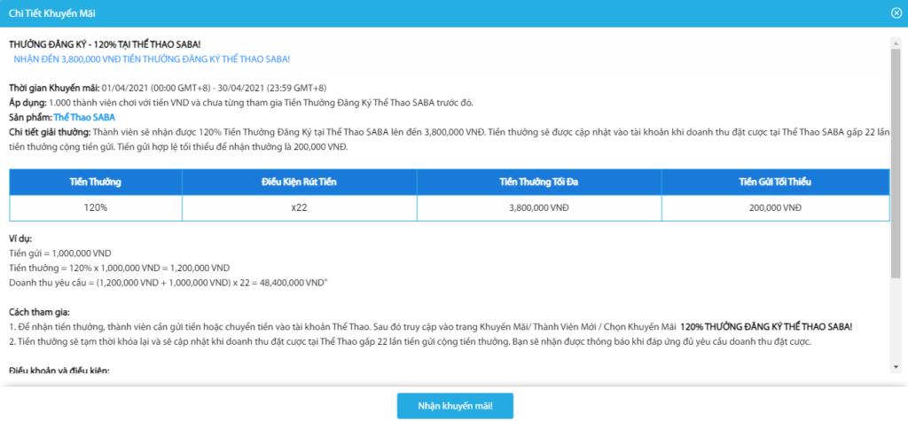 Thưởng đăng ký 120%- Thể thao Saba
