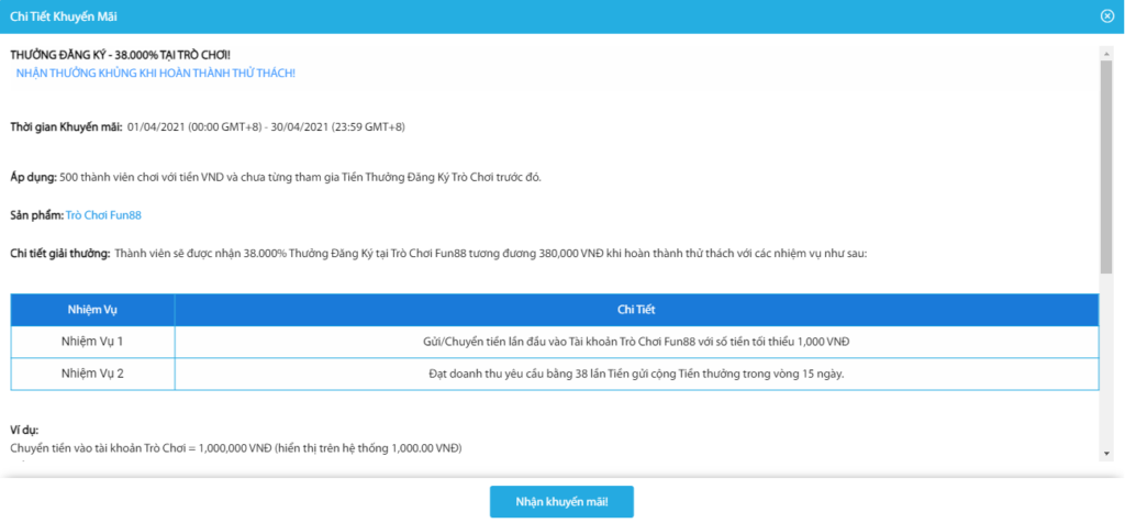 Thưởng đăng ký - 38.000% tại trò chơi