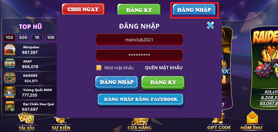 Đăng nhập tài khoản Man Club