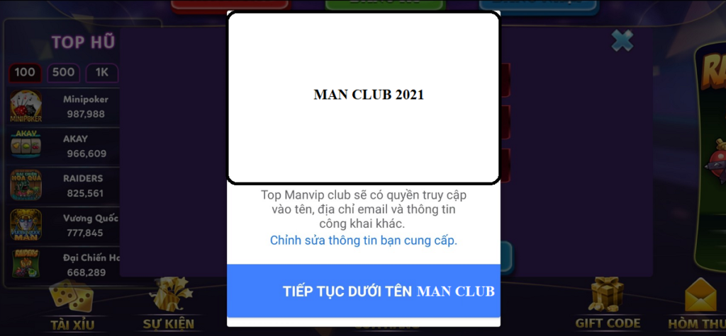 Đăng nhập tài khoản Man Club bằng Facebook